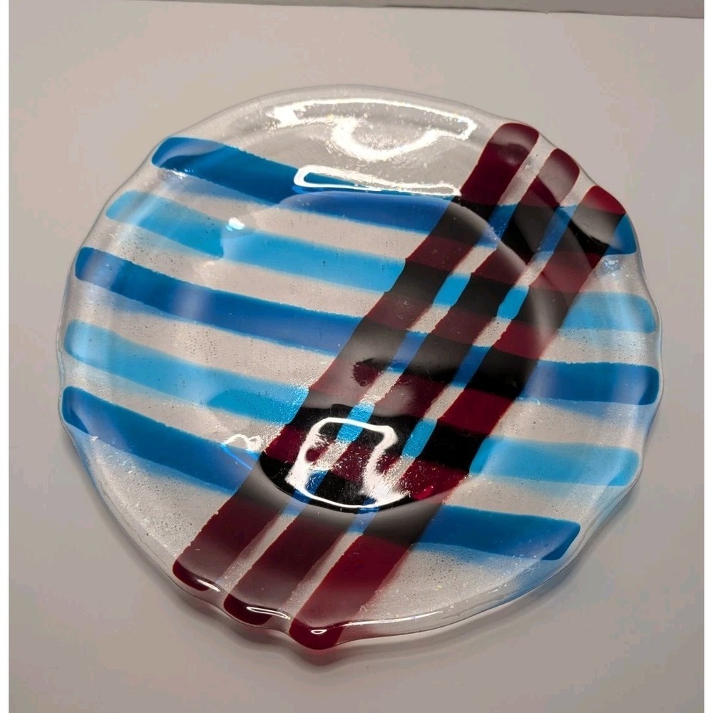 Vtg Modernist Mosaic Fused Art Glass Plate Serving Dish Red Blue USA Decorative